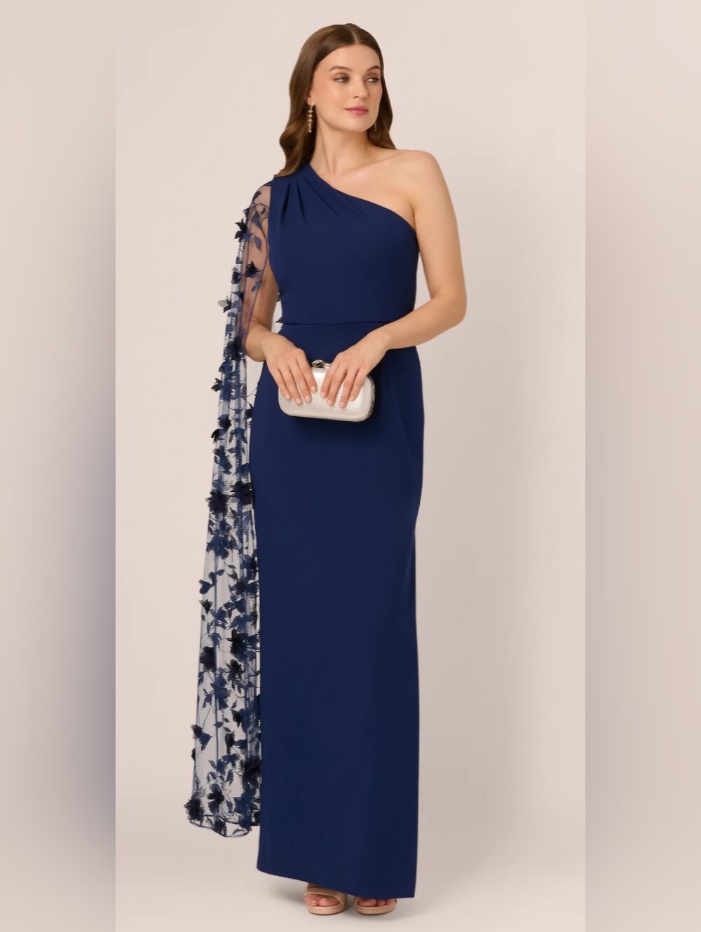 Adrianna Papell One-Shoulder Navy Evening Gown with Floral Sheer Cape Size 2 - Picture 2 of 5